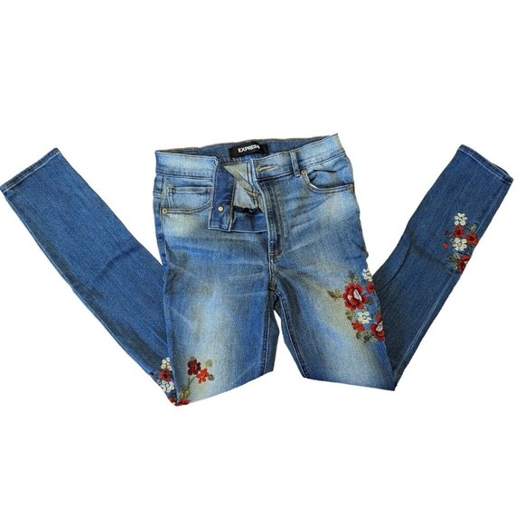 Express Women's Blue Belt Looped Straight Leg Flower Denim Jeans Size 6R - Picture 1 of 3